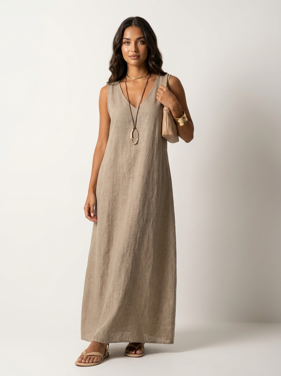 Women's Linen Maxi Dress | Sleeveless Summer Dress | V-Neck