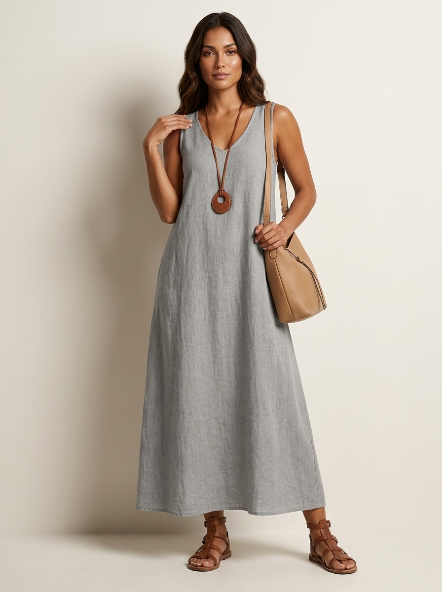 Women's Linen Maxi Dress | Sleeveless Summer Dress | V-Neck