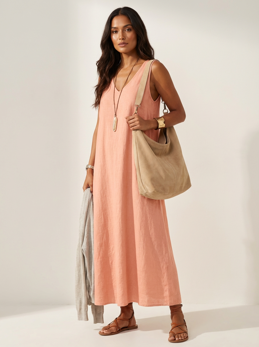 Women's Linen Maxi Dress | Sleeveless Summer Dress | V-Neck