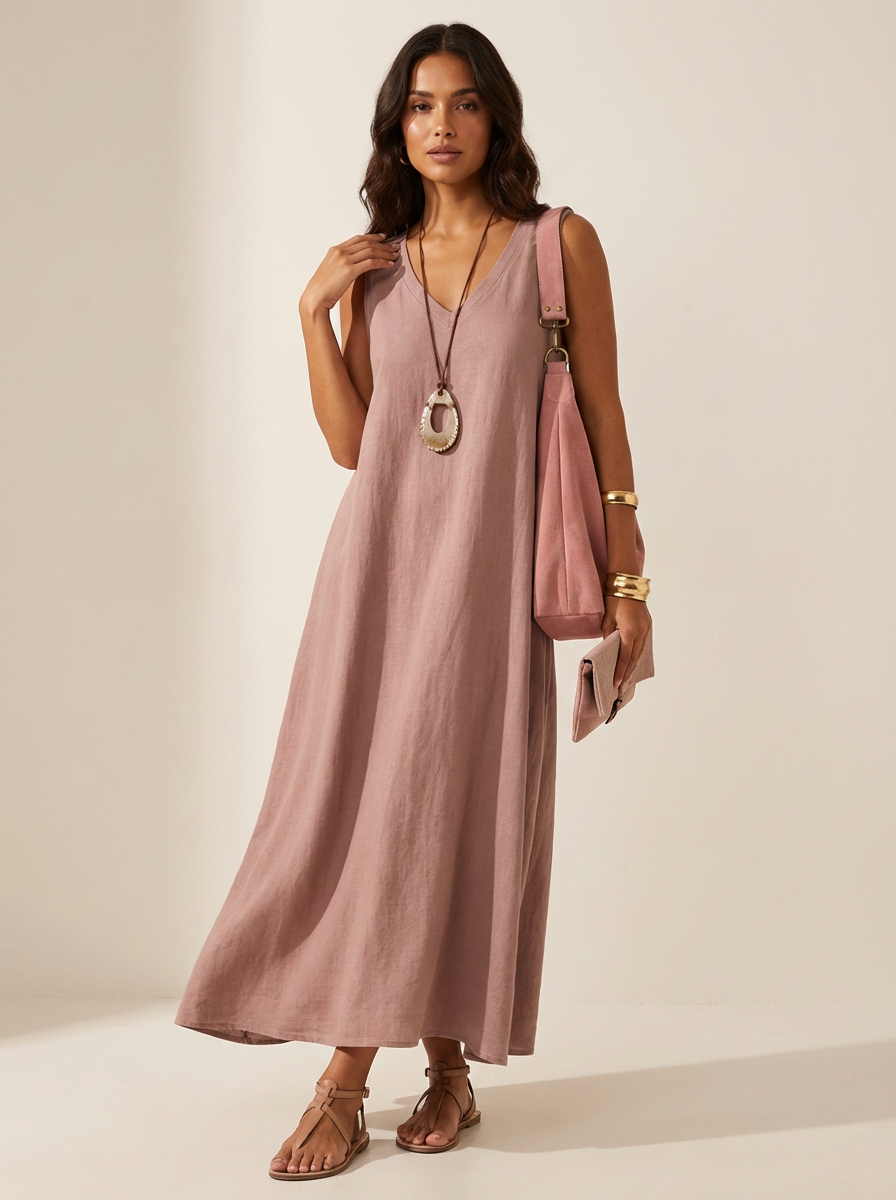 Women's Linen Maxi Dress | Sleeveless Summer Dress | V-Neck