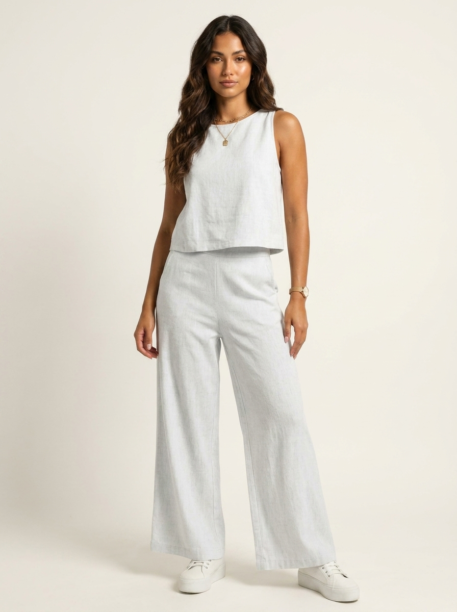 Women's Linen Set | Wide Leg Pants, Sleeveless Top | Breathable