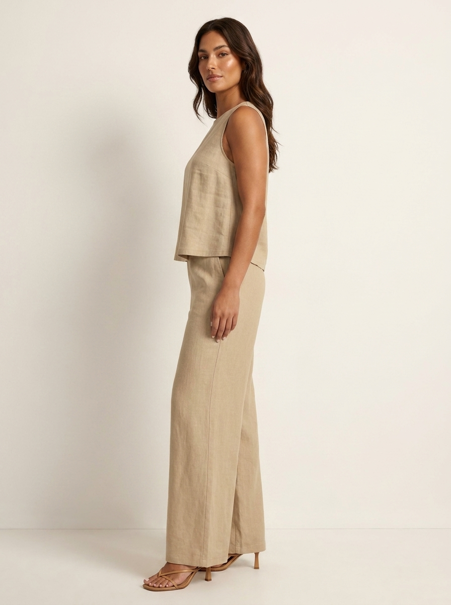 Women's Linen Set | Wide Leg Pants, Sleeveless Top | Breathable