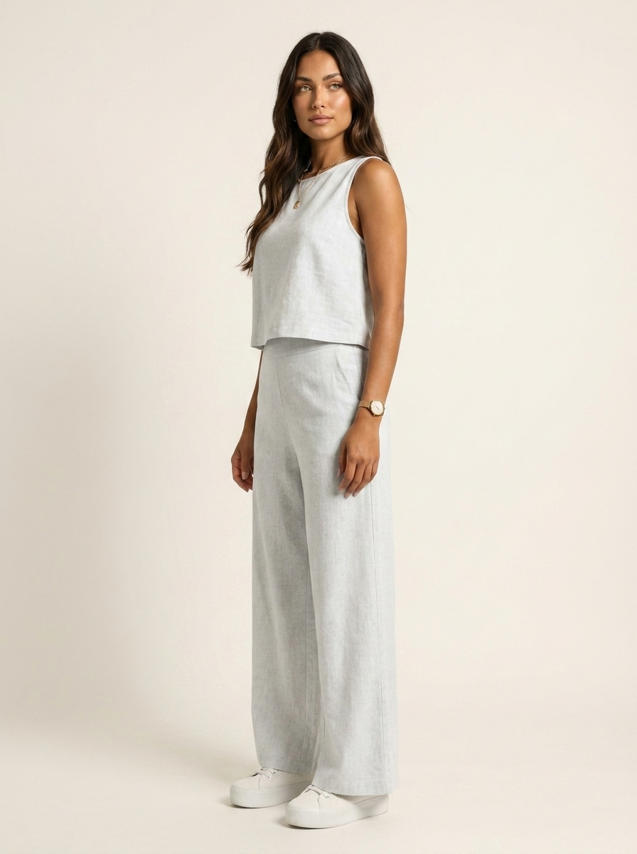 Women's Linen Set | Wide Leg Pants, Sleeveless Top | Breathable