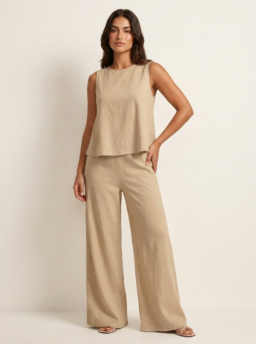 Women's Linen Set | Wide Leg Pants, Sleeveless Top | Breathable