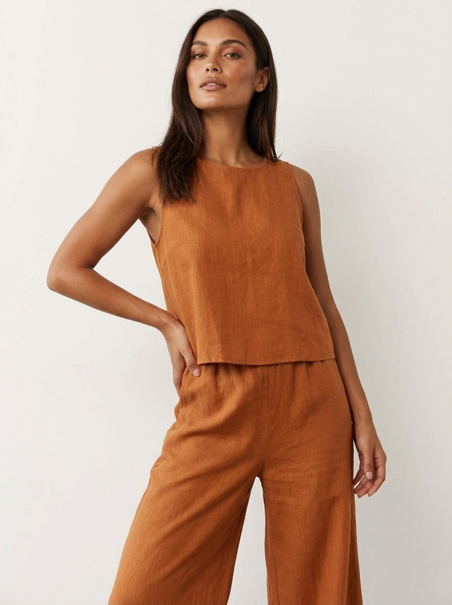 Women's Linen Set | Wide Leg Pants, Sleeveless Top | Breathable