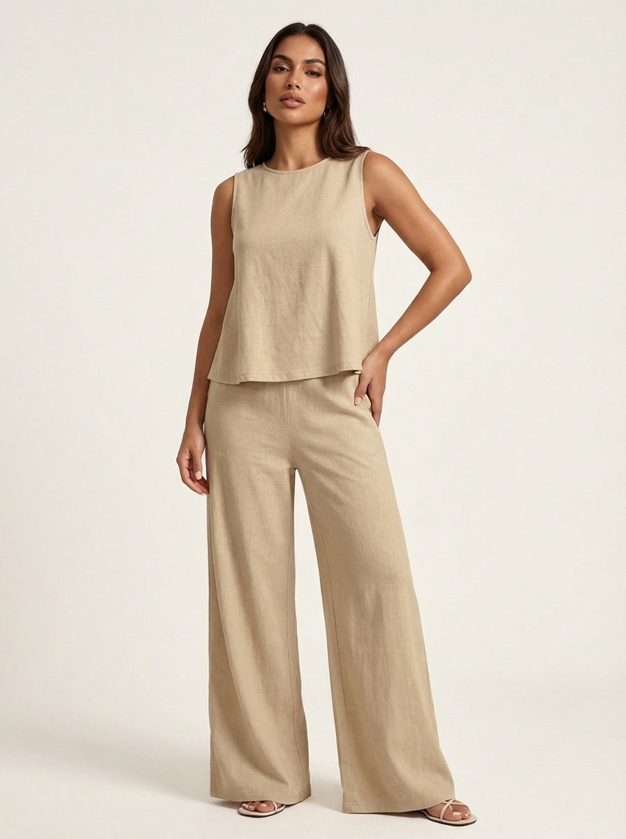 Women's Linen Set | Wide Leg Pants, Sleeveless Top | Breathable