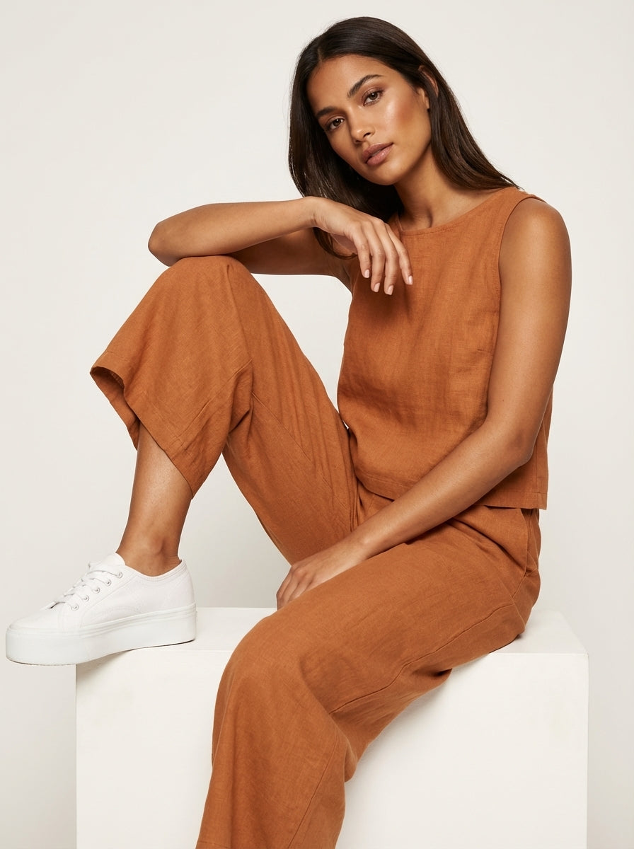 Women's Linen Set | Wide Leg Pants, Sleeveless Top | Breathable