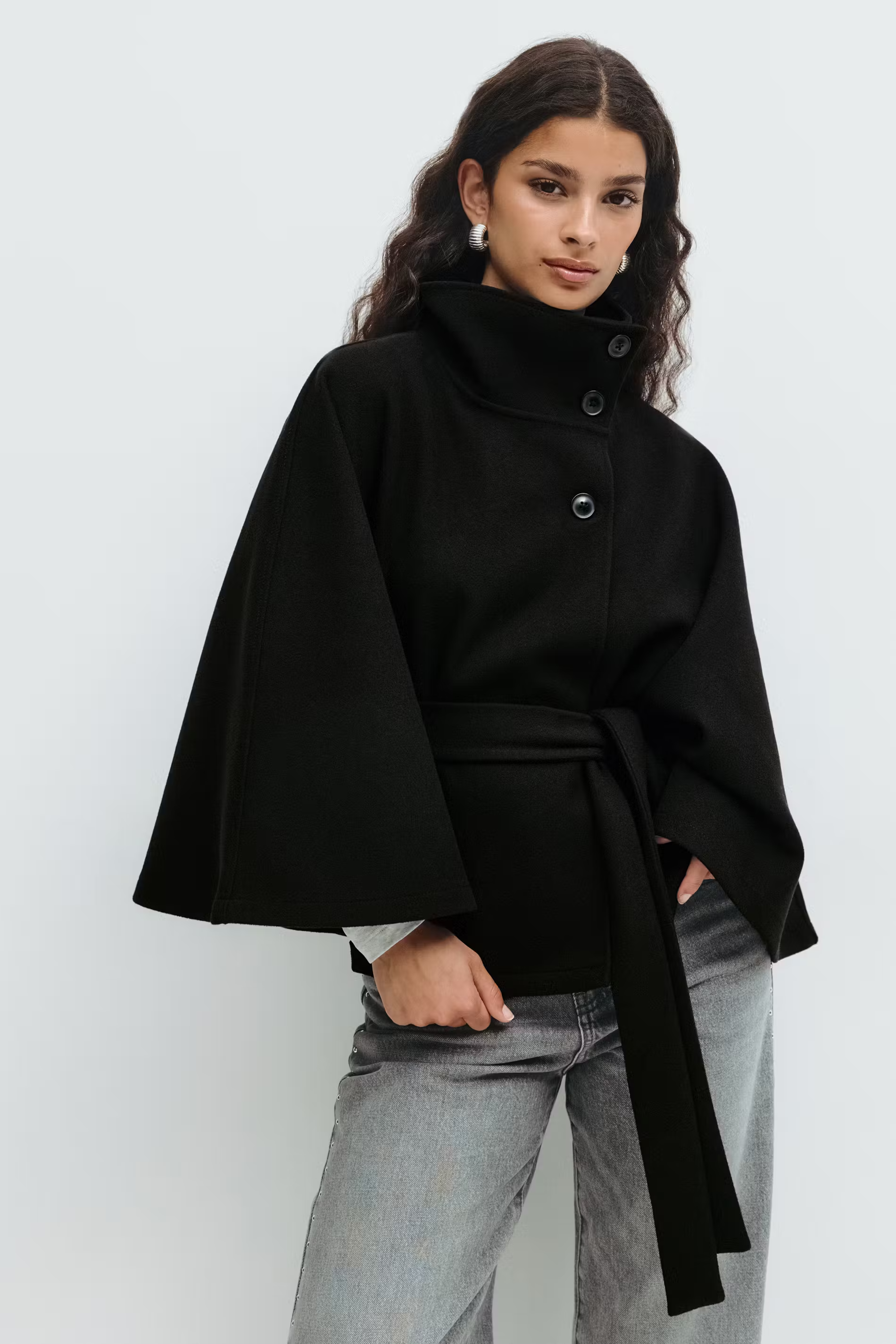 Women's Cape Jacket | High Collar, Hidden Button Closure