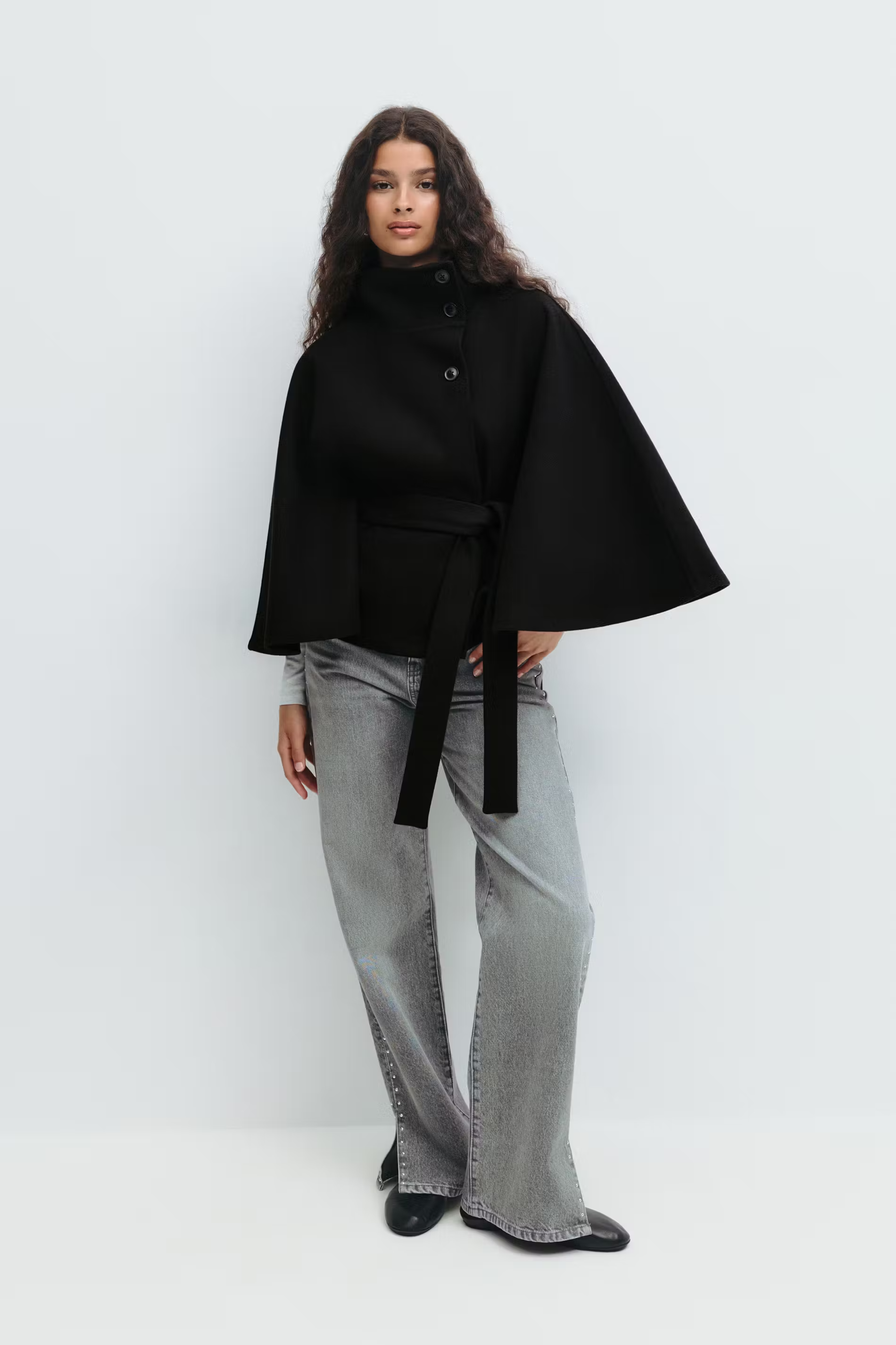 Women's Cape Jacket | High Collar, Hidden Button Closure
