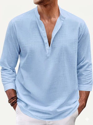 Men's Linen Shirt | Casual Band Collar, Long Sleeves