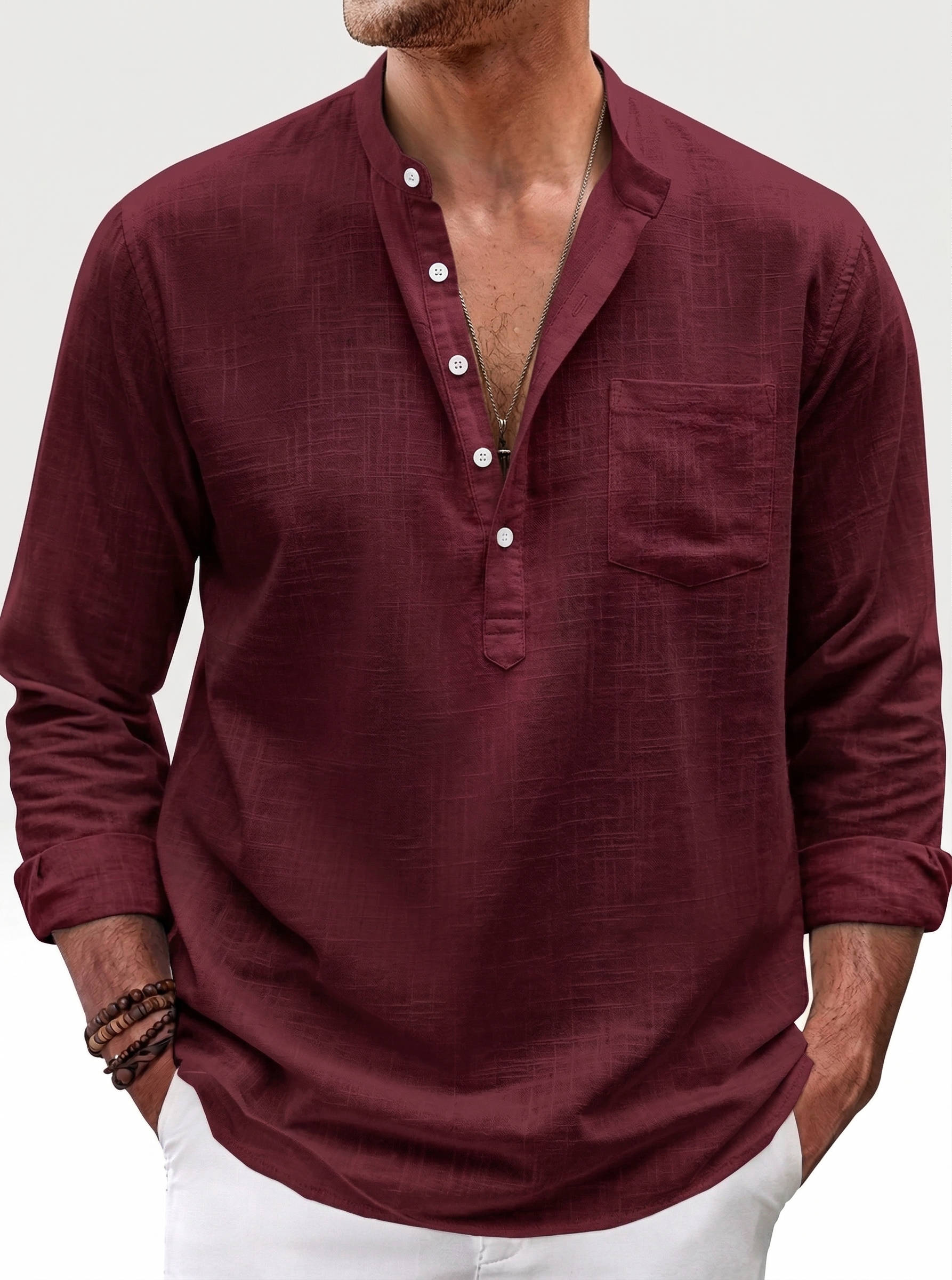 Men's Linen Shirt | Casual Band Collar, Long Sleeves