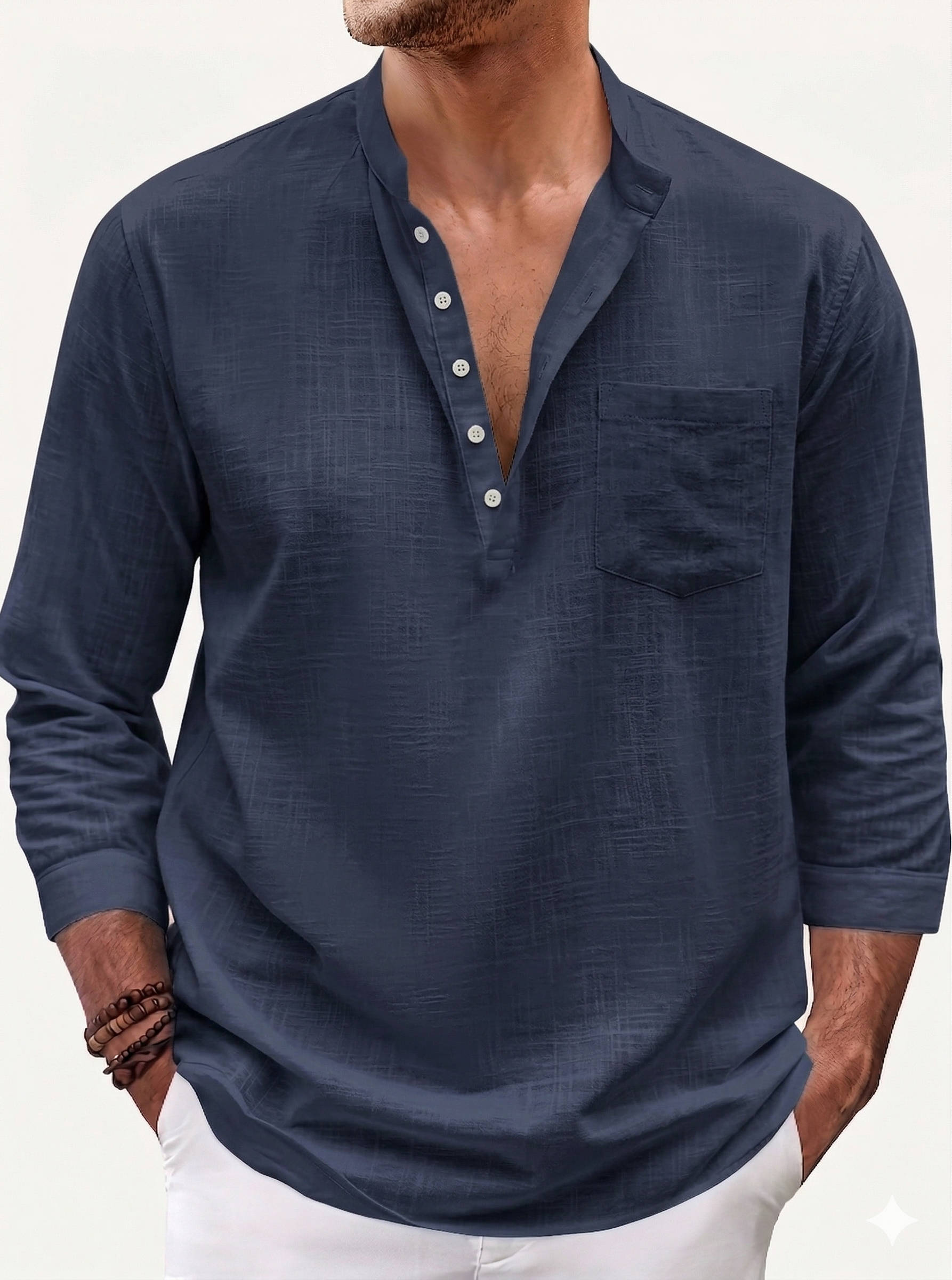 Men's Linen Shirt | Casual Band Collar, Long Sleeves
