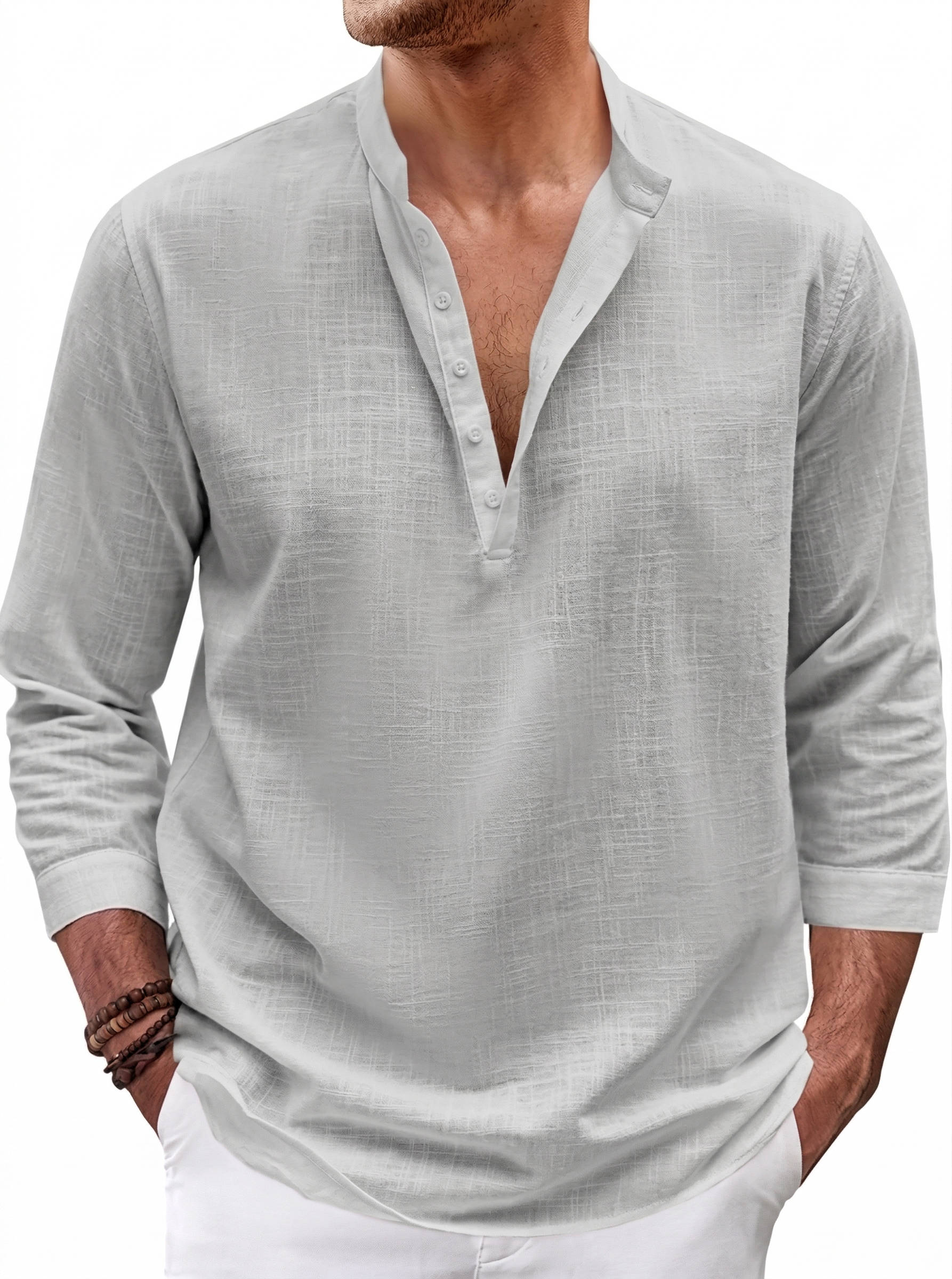 Men's Linen Shirt | Casual Band Collar, Long Sleeves