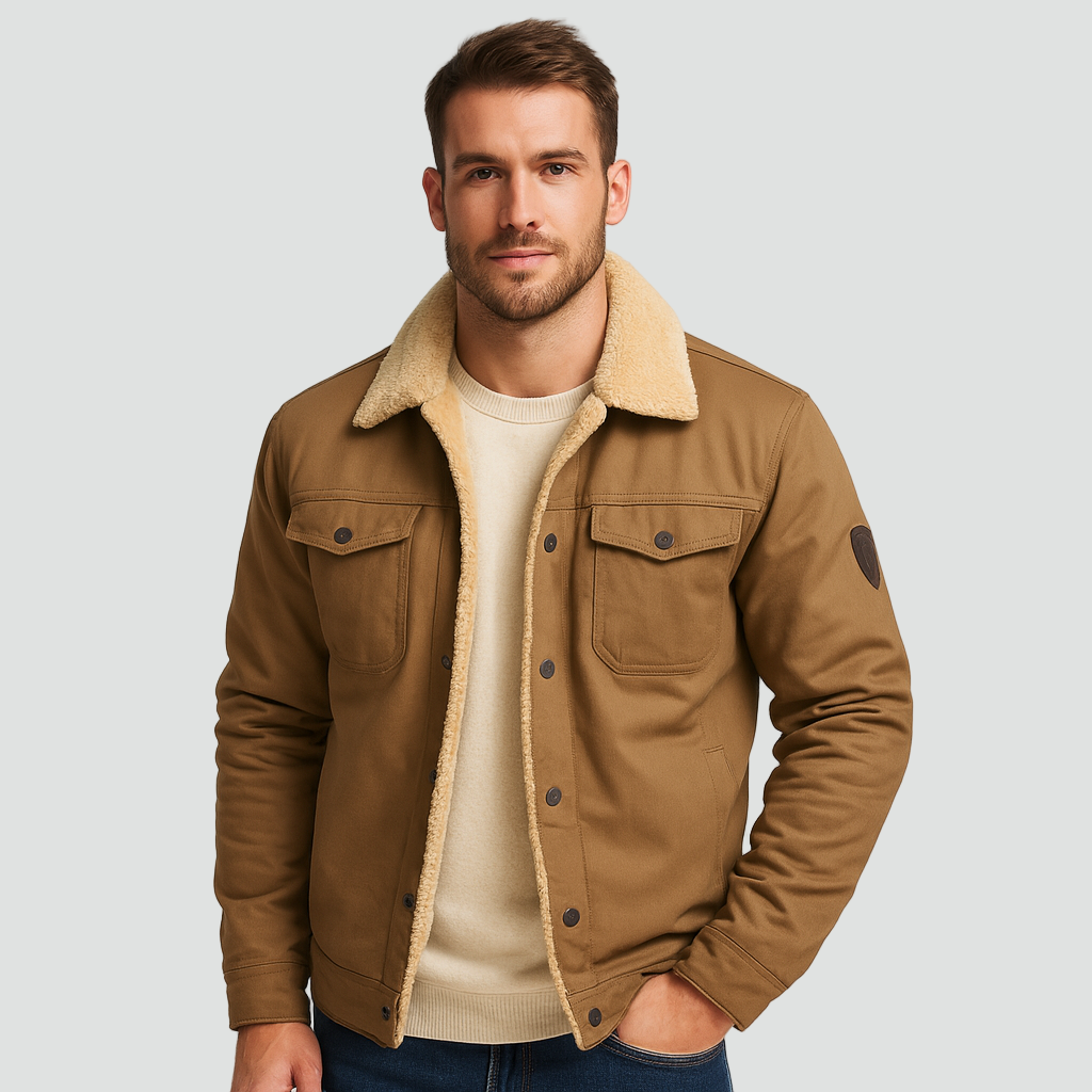 Men teddy fleece winter jacket with snap button closure regular fit