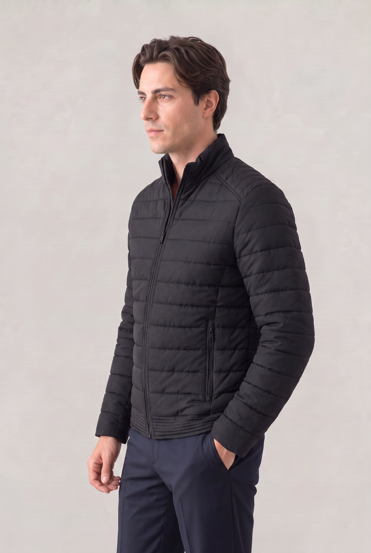 Mens puffer jacket stand collar with lightweight quilted design and front zip