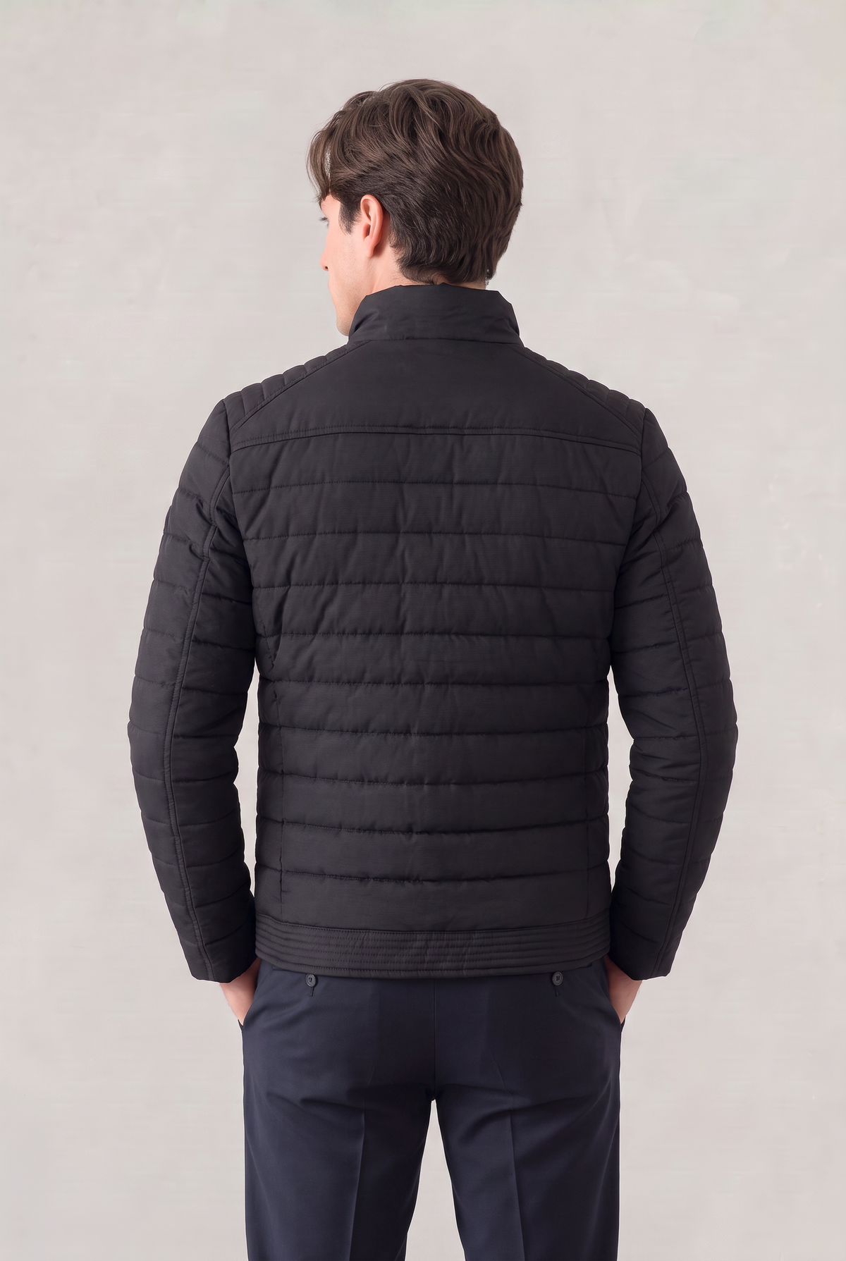 Mens puffer jacket stand collar with lightweight quilted design and front zip