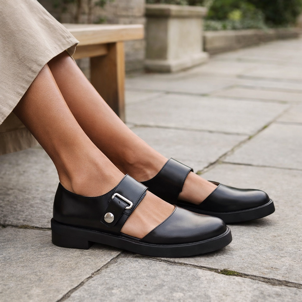 Women's black Mary Jane shoes with adjustable strap and orthopedic support