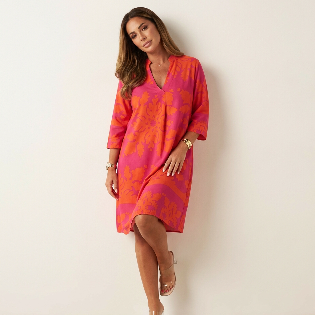 Women's Midi Dress | Boho Summer, V-Neck, Three-Quarter Sleeves
