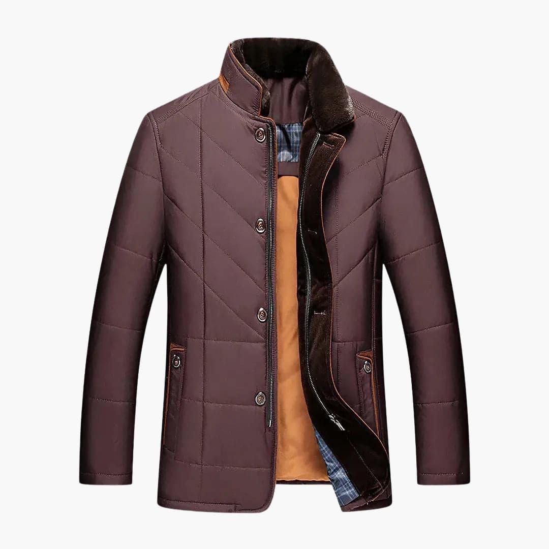 Mens puffer jacket stand collar with quilted button front and long sleeves