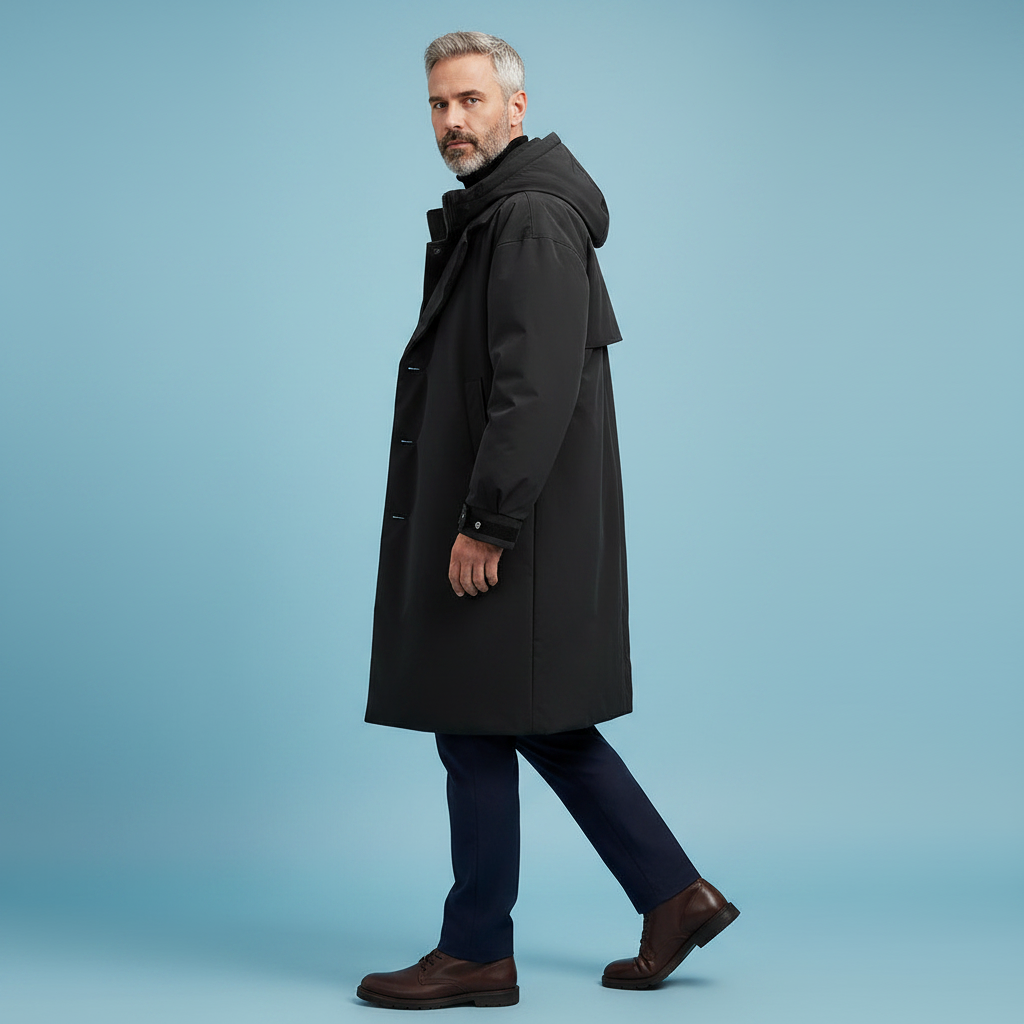 Mens Waterproof Rain Jacket Hooded Long Knee Length Trench Coat