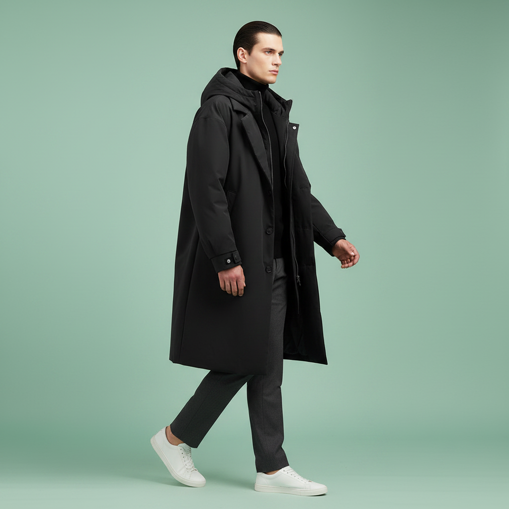 Mens Waterproof Rain Jacket Hooded Long Knee Length Trench Coat