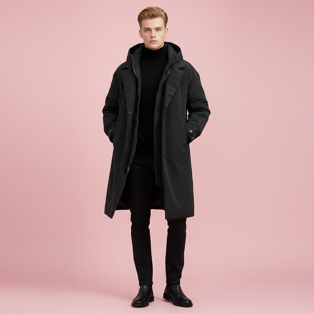 Mens Waterproof Rain Jacket Hooded Long Knee Length Trench Coat