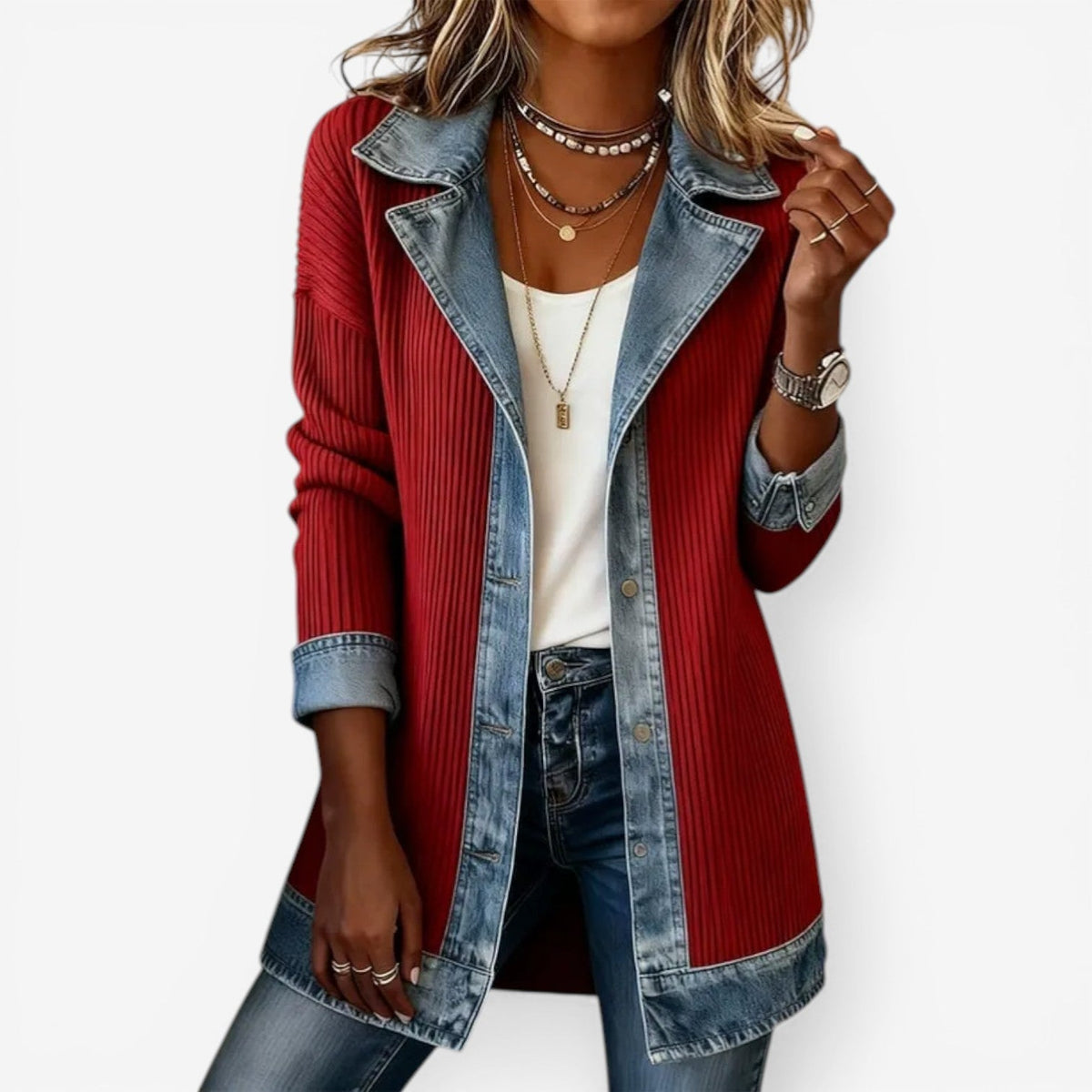 Women layered look soft touch jacket with denim-inspired contrast trims relaxed fit