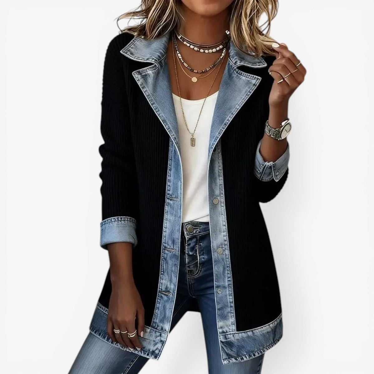 Women layered look soft touch jacket with denim-inspired contrast trims relaxed fit