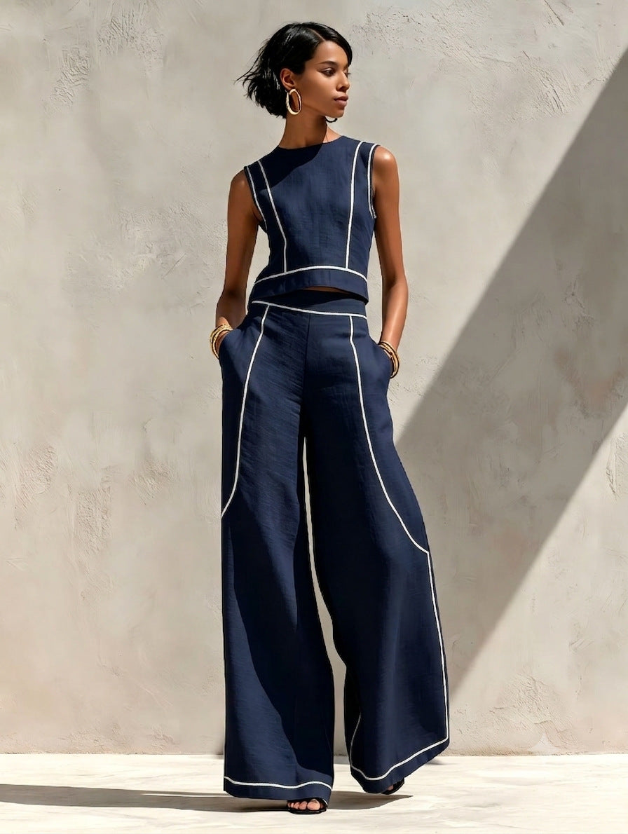 Women's Wide Leg Pants Set | Sleeveless Color Block | Summer Casual
