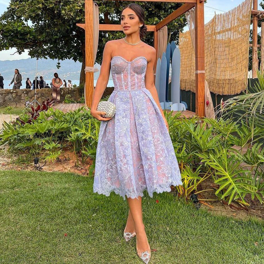 Prom Dress | Strapless Lace, Midi Elegant | Formal Evening Style