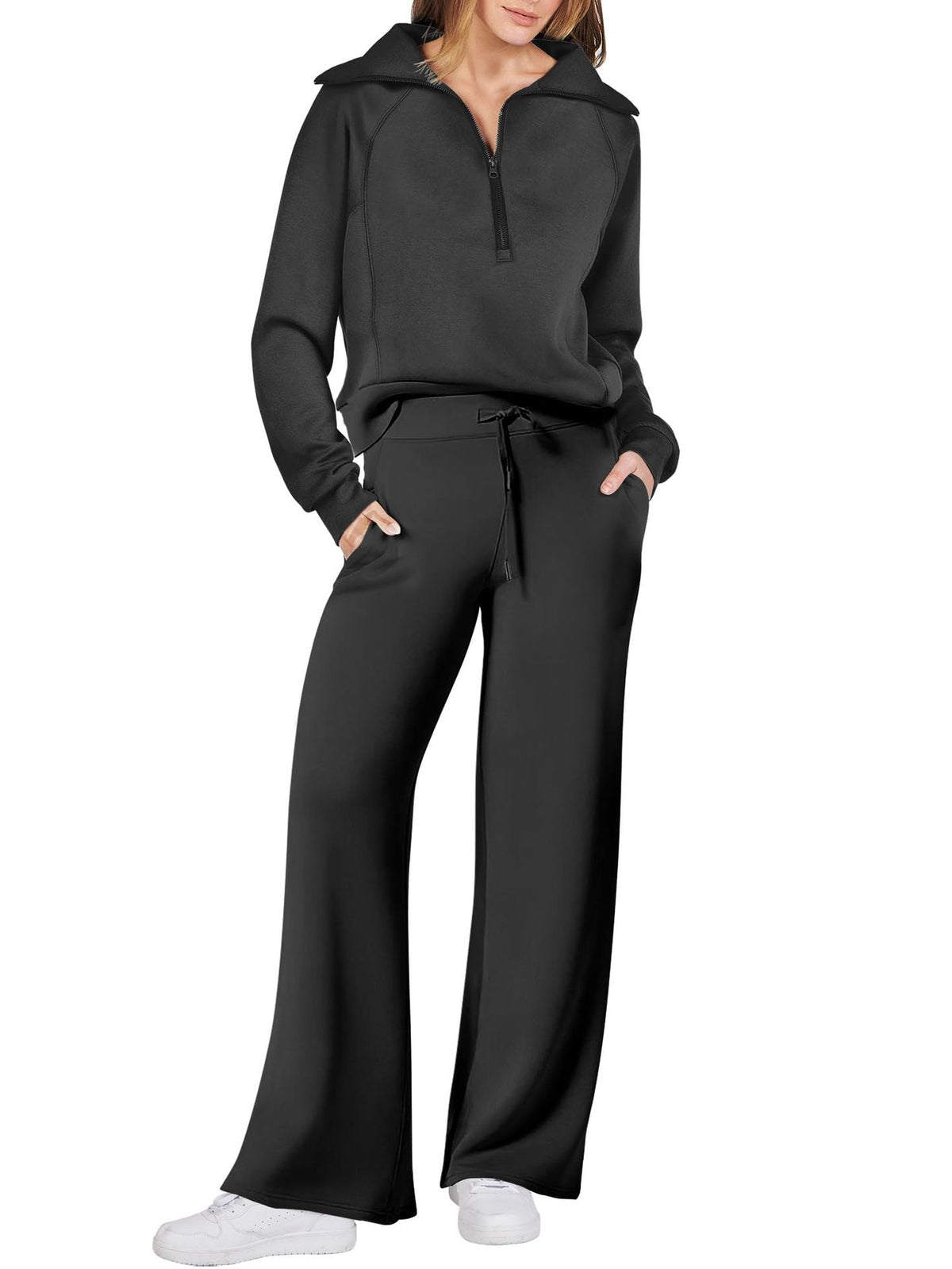 Womens 2 piece zip sweatshirt set with side pockets, casual tracksuit