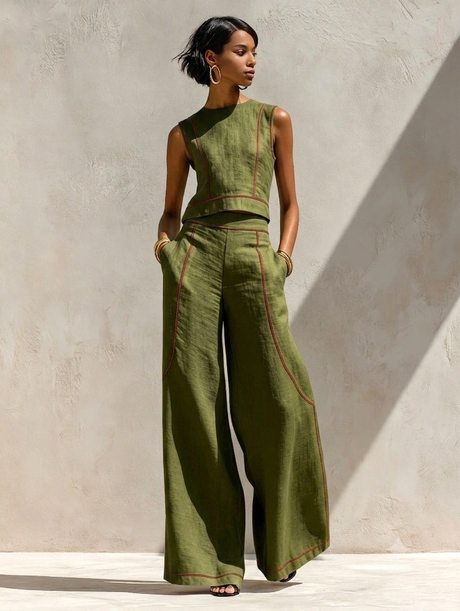 Women's Wide Leg Pants Set | Sleeveless Color Block | Summer Casual