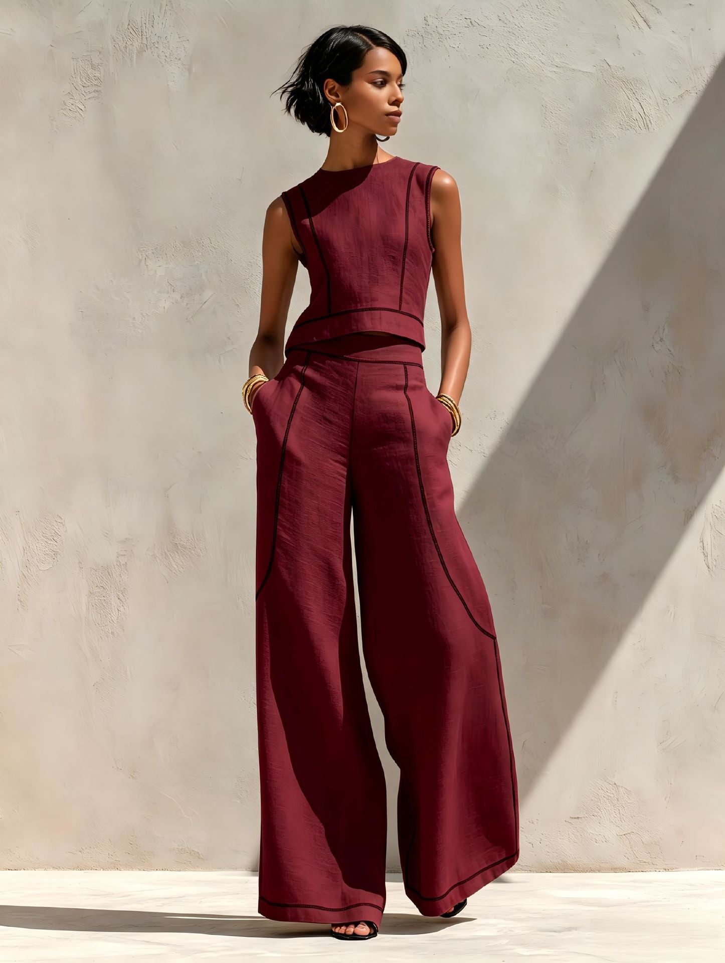 Women's Wide Leg Pants Set | Sleeveless Color Block | Summer Casual