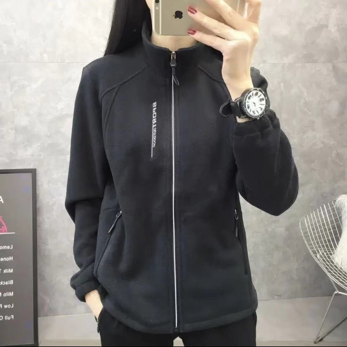 Thermal fleece jacket women plus size stand collar cardigan with double sided fleece