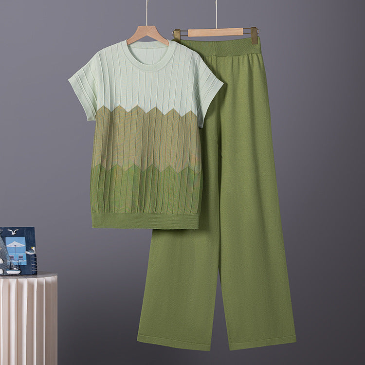 Women's Two Piece Set | Gradient Short Sleeve Top Long Pants | Knit, Slimming