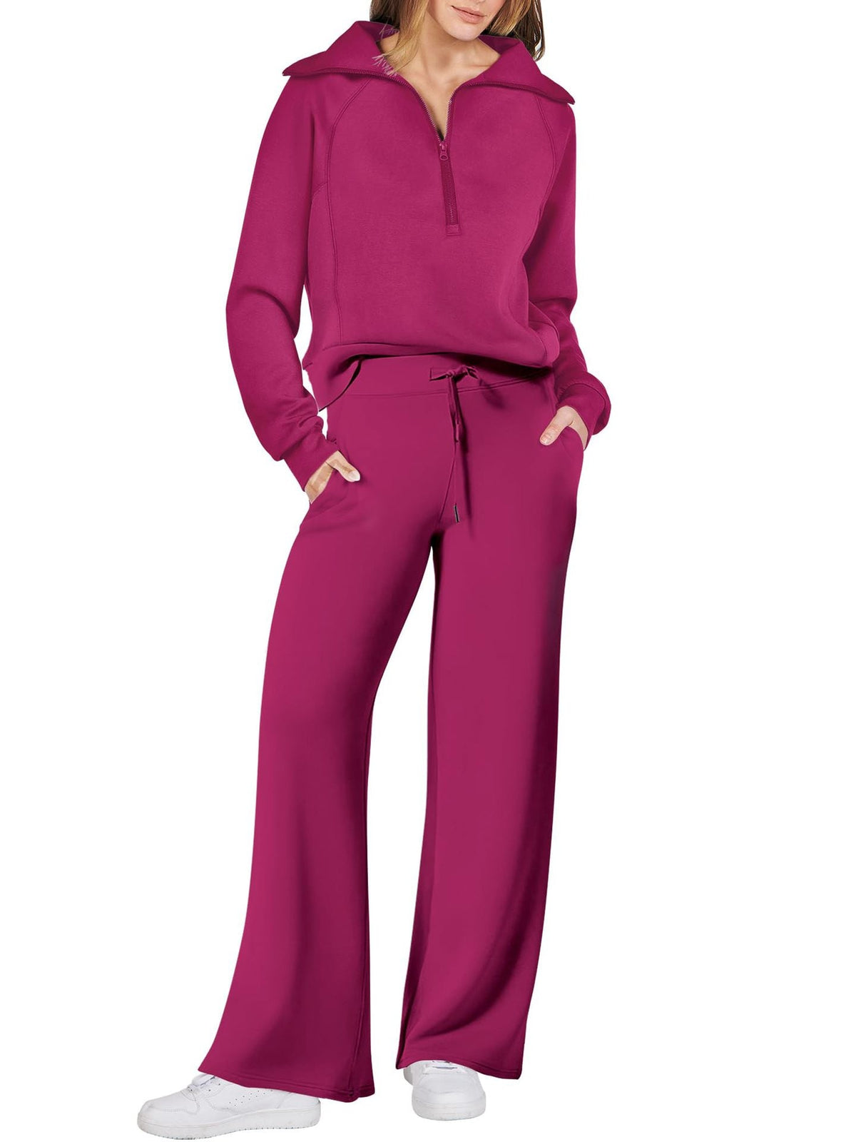 Womens 2 piece zip sweatshirt set with side pockets, casual tracksuit