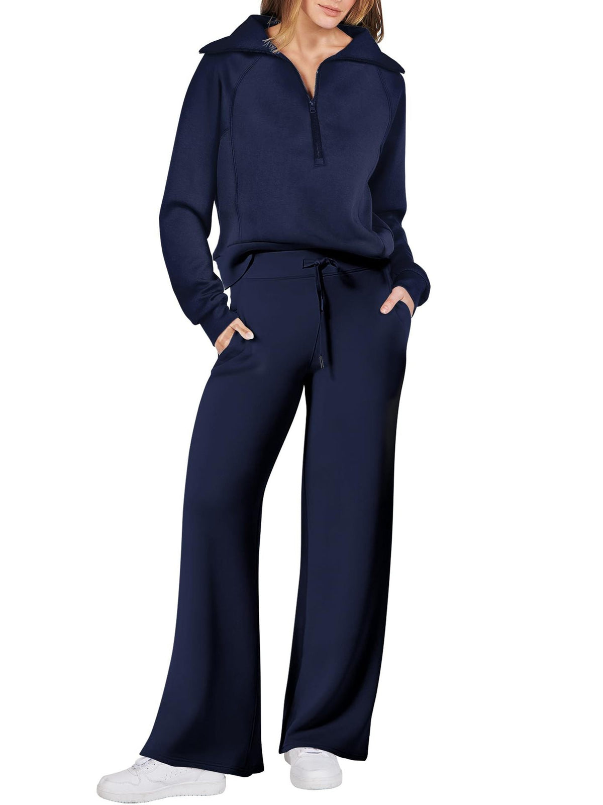 Womens 2 piece zip sweatshirt set with side pockets, casual tracksuit