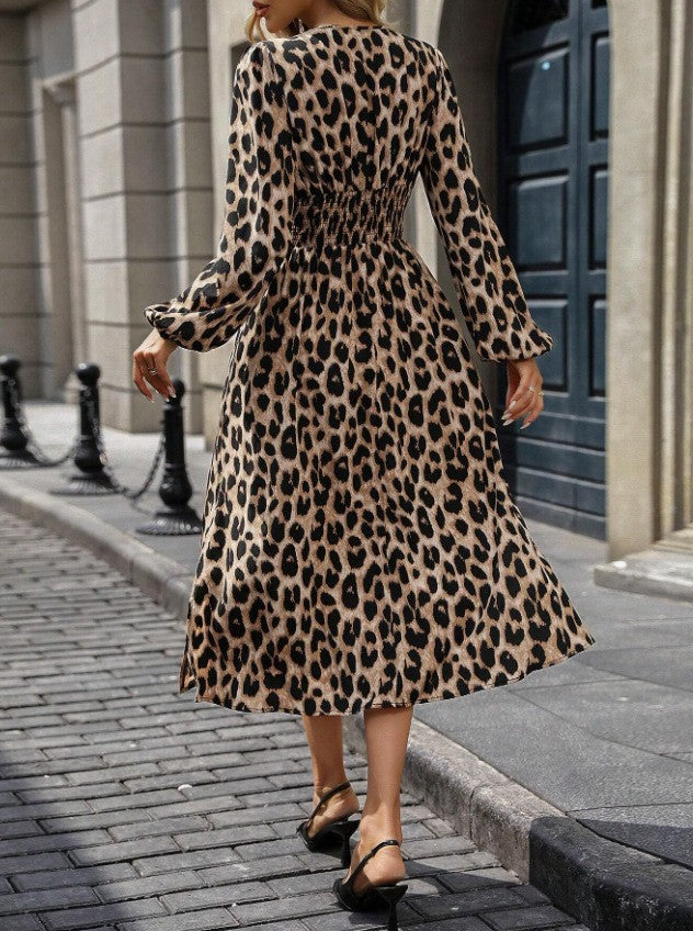 Women's Long Sleeve Dress | Leopard Print, V-Neck, High Waist
