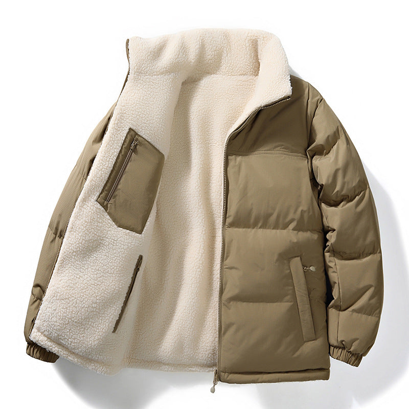 Mens puffer jacket stand collar reversible with sherpa lining