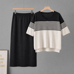 Women's T-Shirt Skirt Set | Striped Short Sleeve V-Neck | Summer Two-Piece