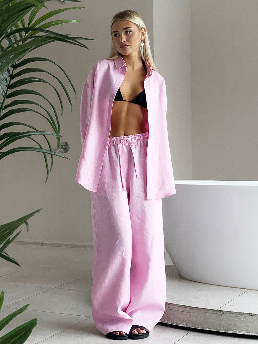 Women's Cotton Shirt and Pants Set | Long Sleeve Casual Loungewear
