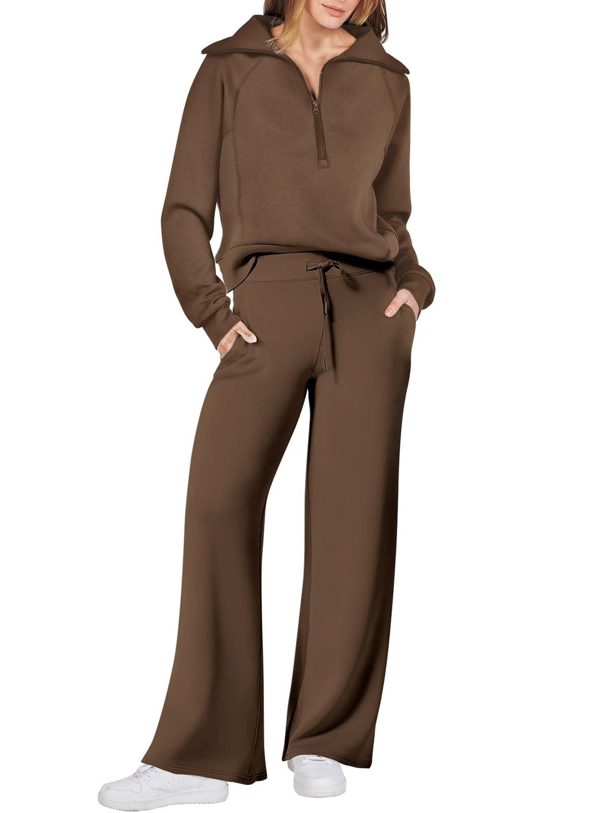 Womens 2 piece zip sweatshirt set with side pockets, casual tracksuit