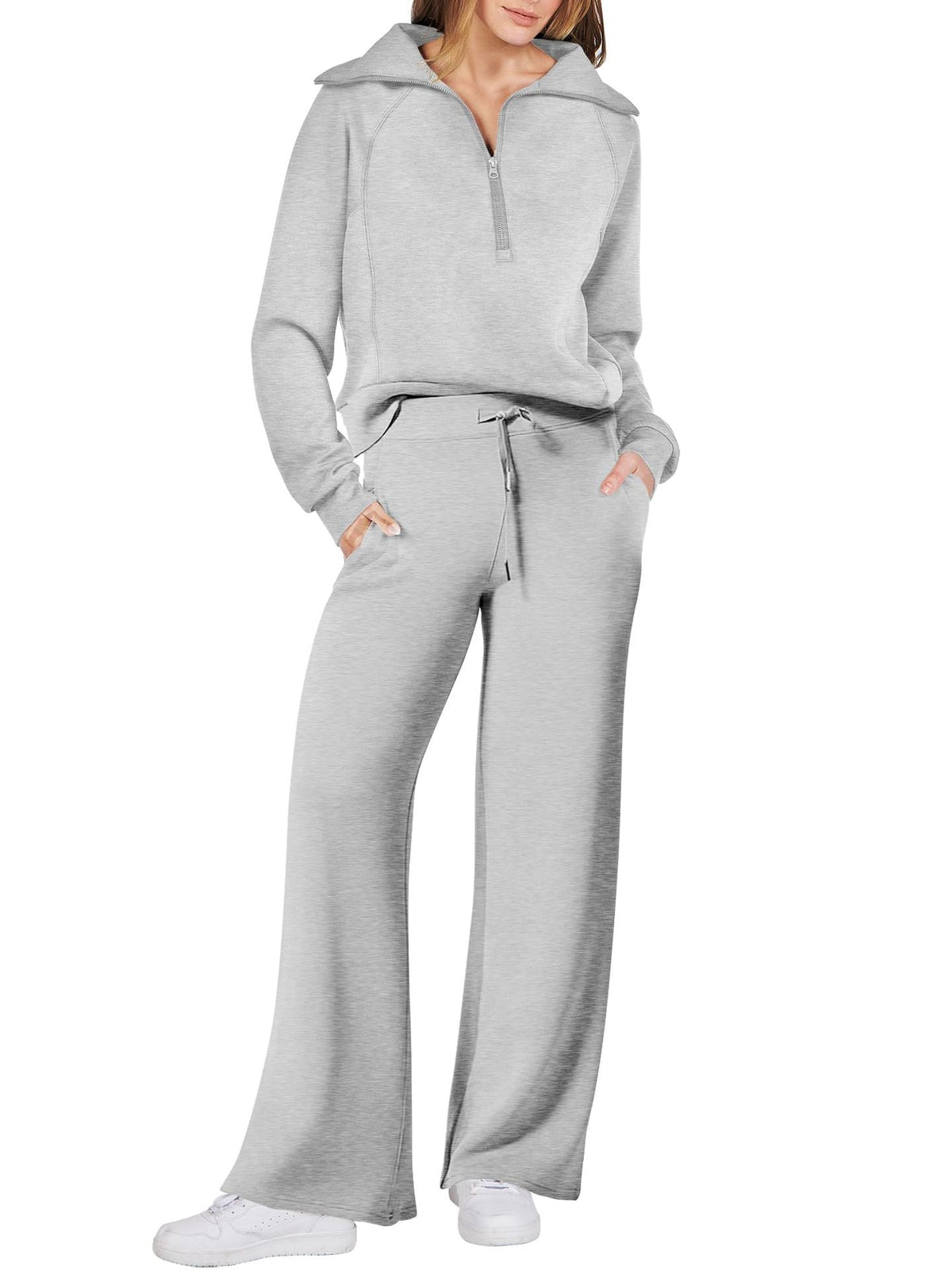 Womens 2 piece zip sweatshirt set with side pockets, casual tracksuit