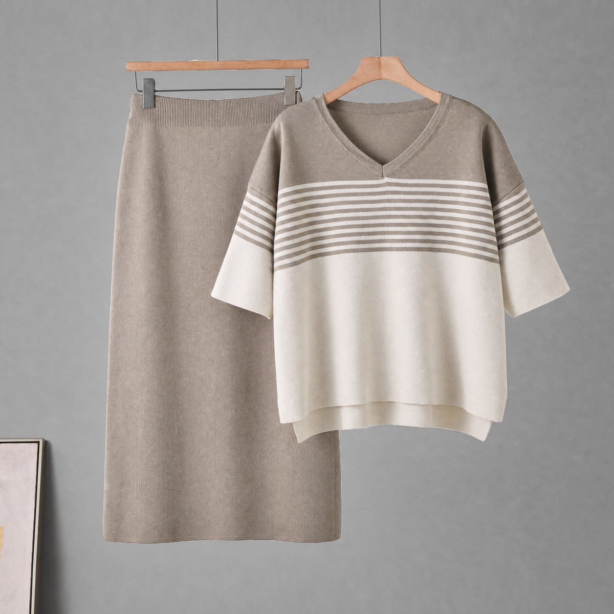 Women's T-Shirt Skirt Set | Striped Short Sleeve V-Neck | Summer Two-Piece
