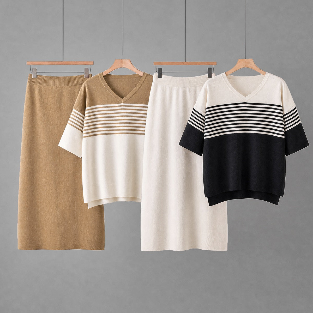 Women's T-Shirt Skirt Set | Striped Short Sleeve V-Neck | Summer Two-Piece