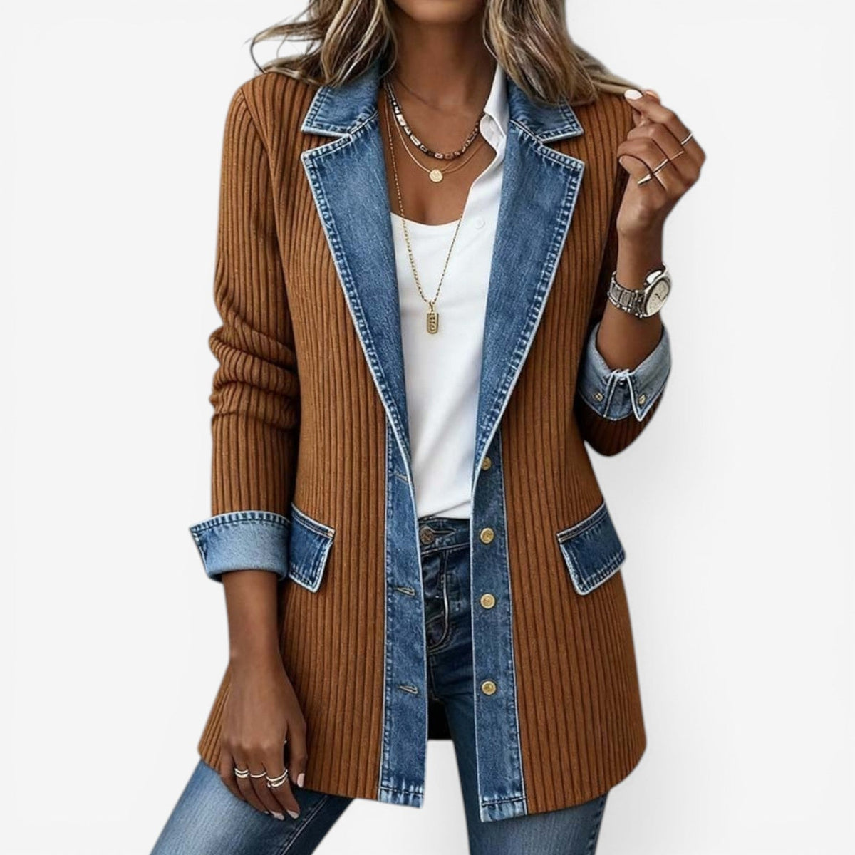 Women layered look soft touch jacket with denim-inspired contrast trims relaxed fit