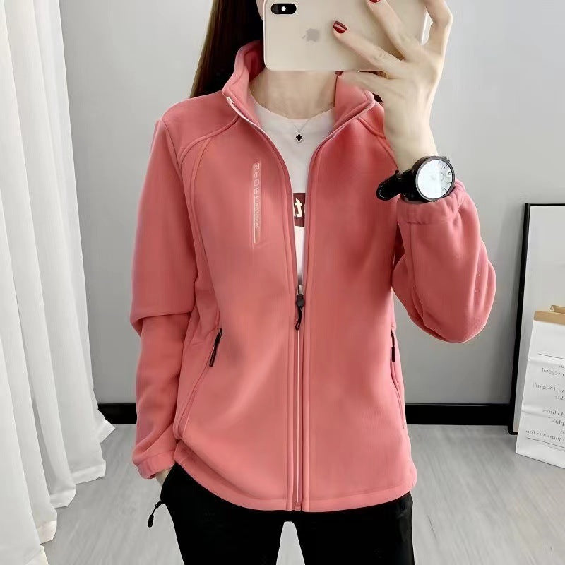 Thermal fleece jacket women plus size stand collar cardigan with double sided fleece
