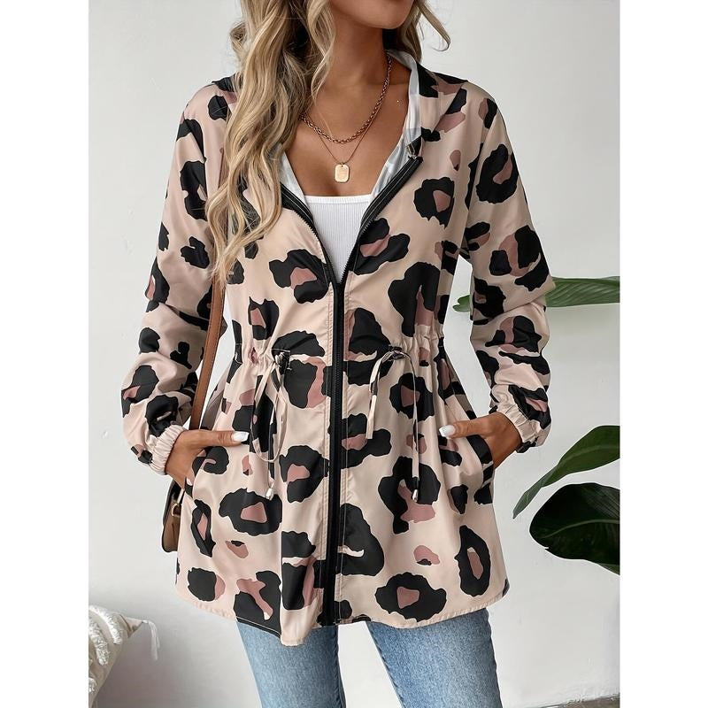 Womens leopard print jacket hooded with long sleeves for casual wear