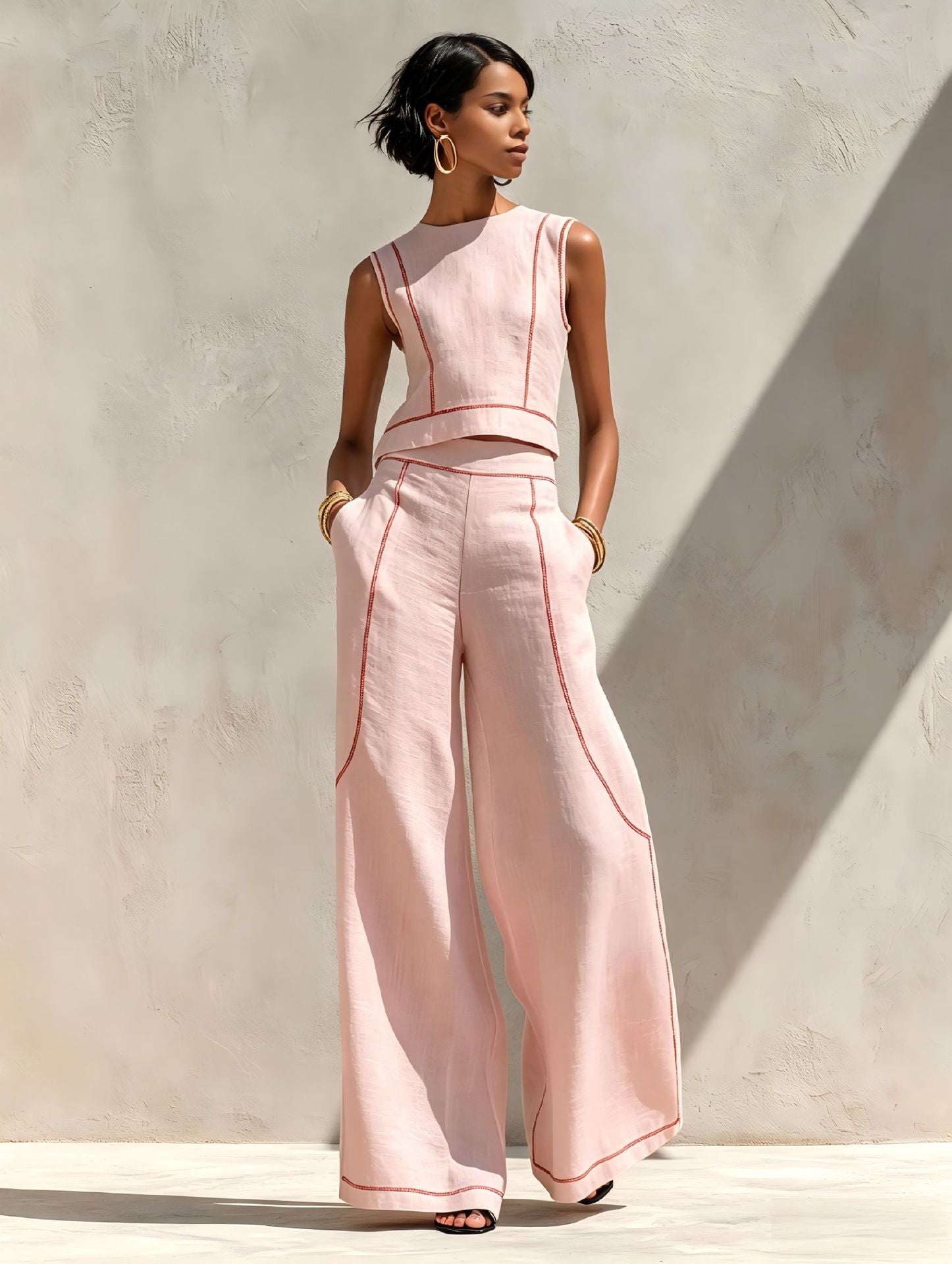 Women's Wide Leg Pants Set | Sleeveless Color Block | Summer Casual