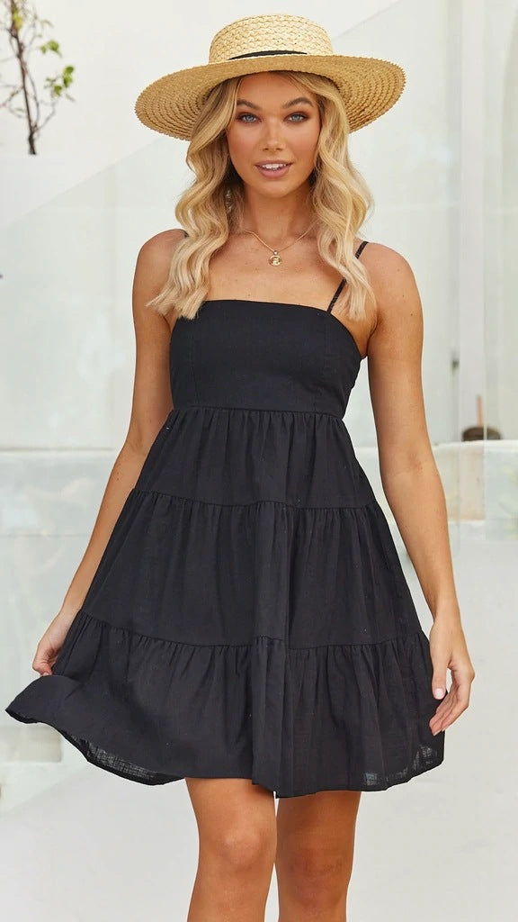 Linen Summer Dress | Loose Fit, Spaghetti Straps | Purple, Apricot, Black